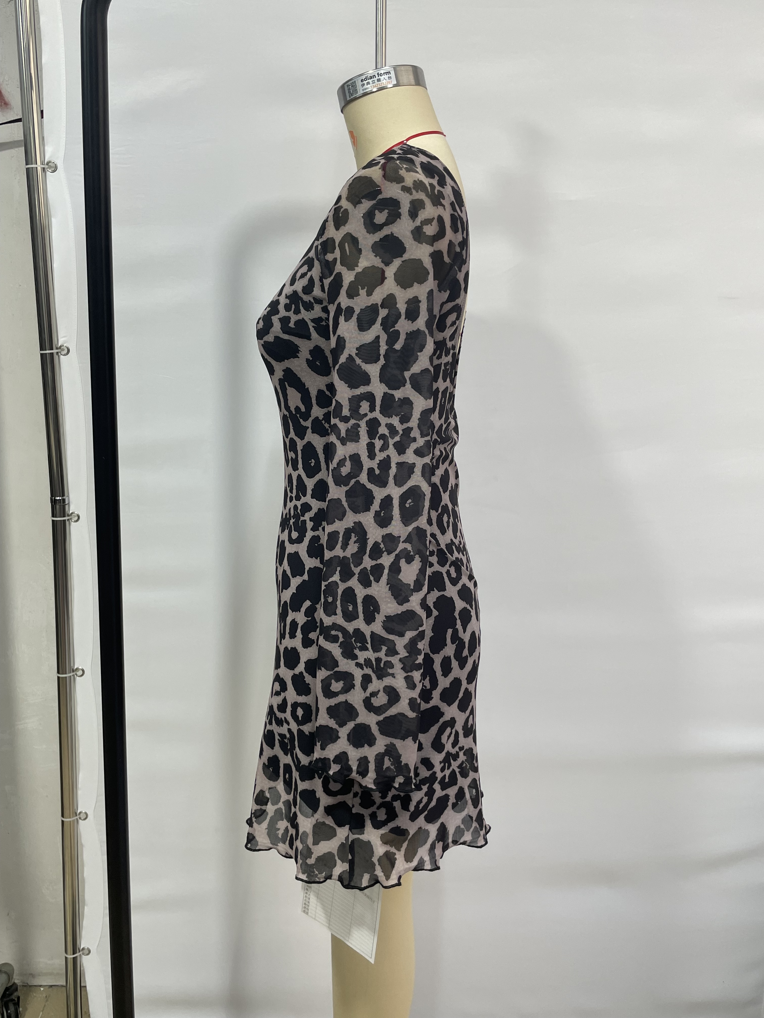 GXZ Women's Sheer Long Sleeve Leopard Print Mini Dress