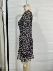 GXZ Women's Sheer Long Sleeve Leopard Print Mini Dress