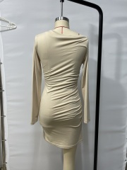 GXZ One-Shoulder Beige Ruched Mini Dress