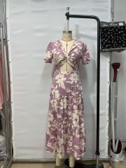 GXZ Women's Floral Cutout Maxi Dress with Puff Sleeves