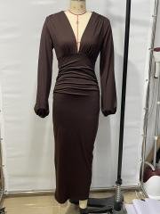 GXZ Women's Long Sleeve V-Neck Ruched Maxi Dress