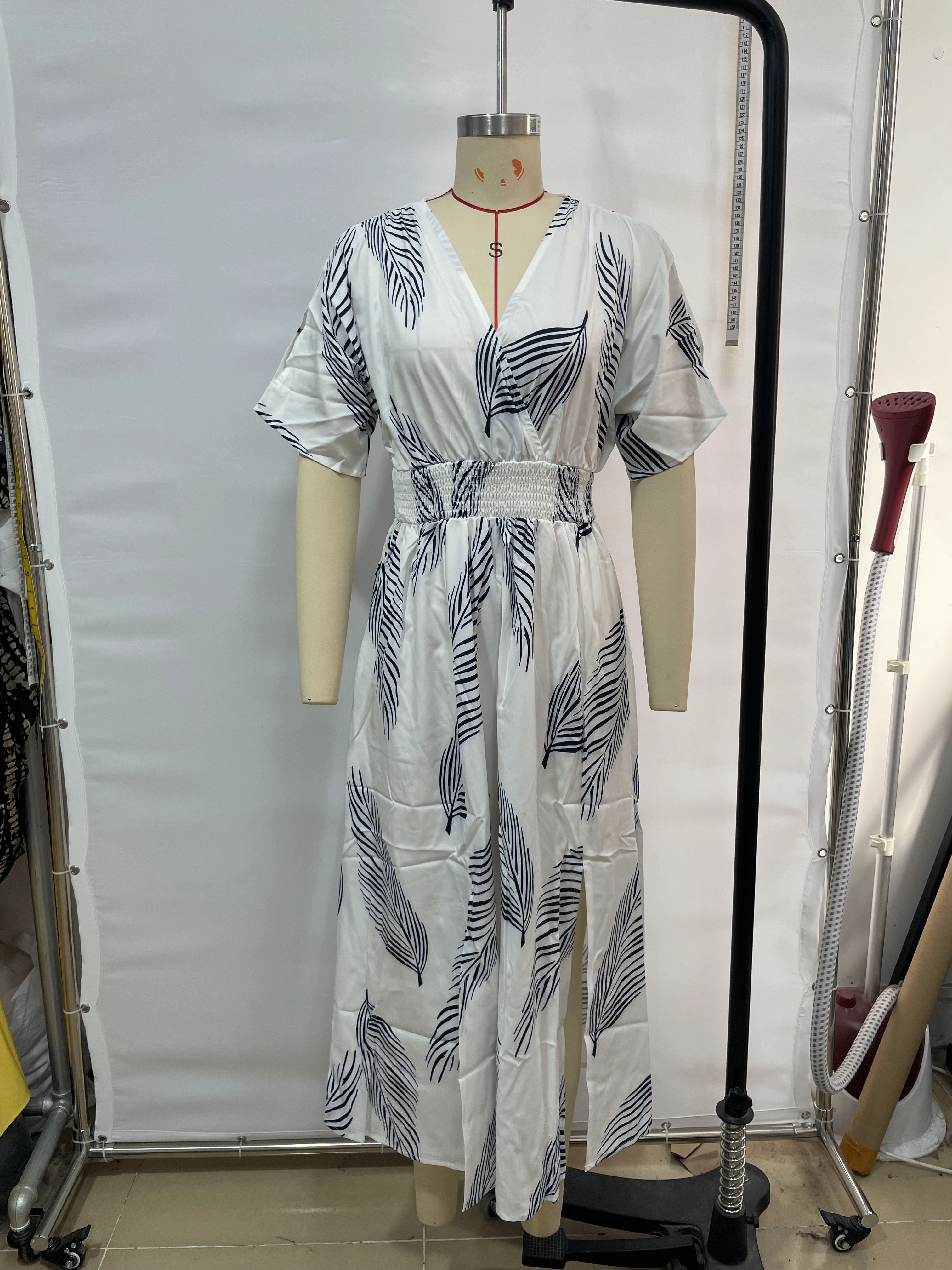 GXZ Women's Cold Shoulder Maxi Dress with Leaf Print