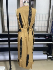 GXZ Women's Sleeveless Wrap Midi Dress with Artistic Print