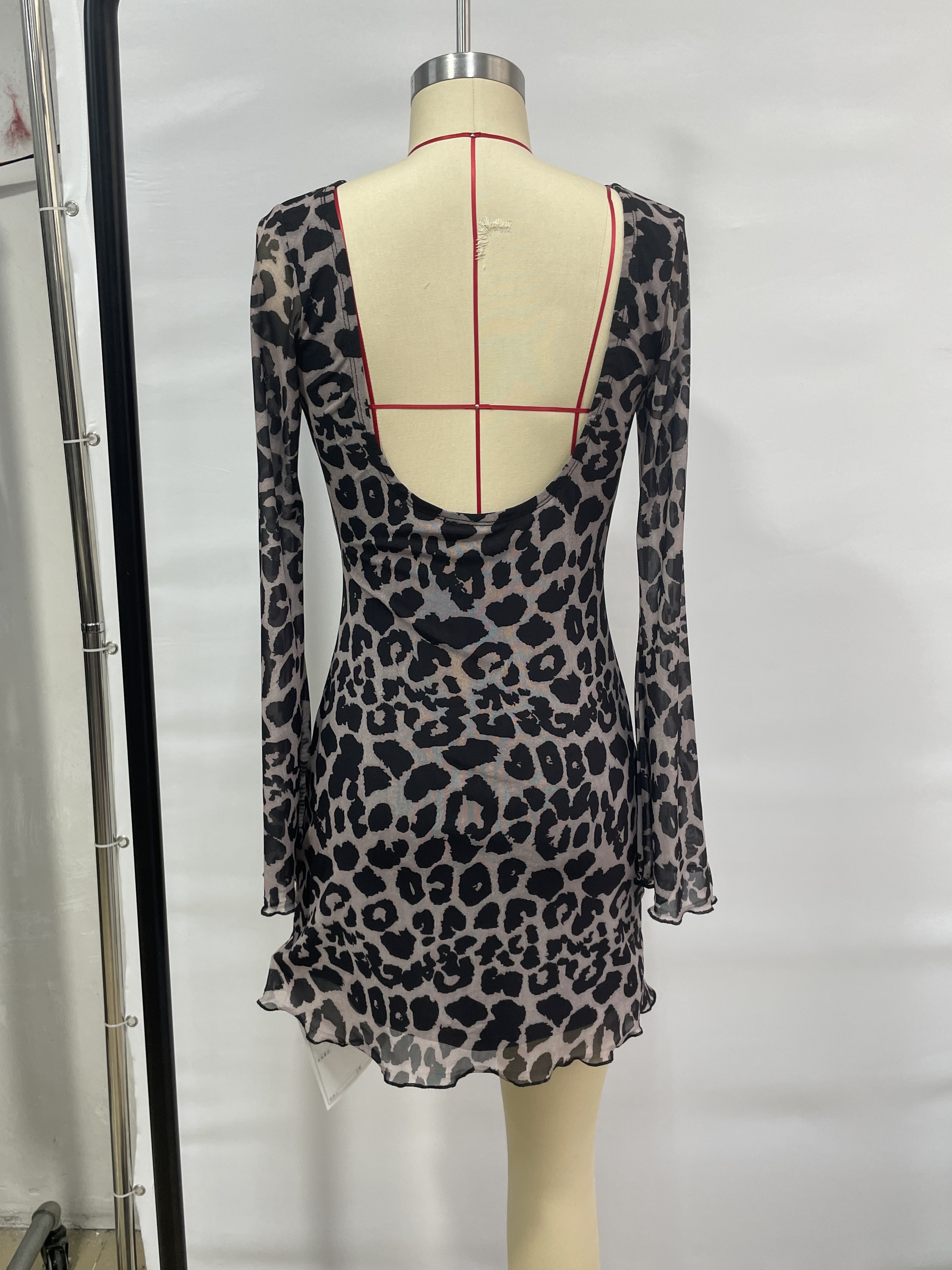 GXZ Women's Sheer Long Sleeve Leopard Print Mini Dress