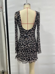 GXZ Women's Sheer Long Sleeve Leopard Print Mini Dress
