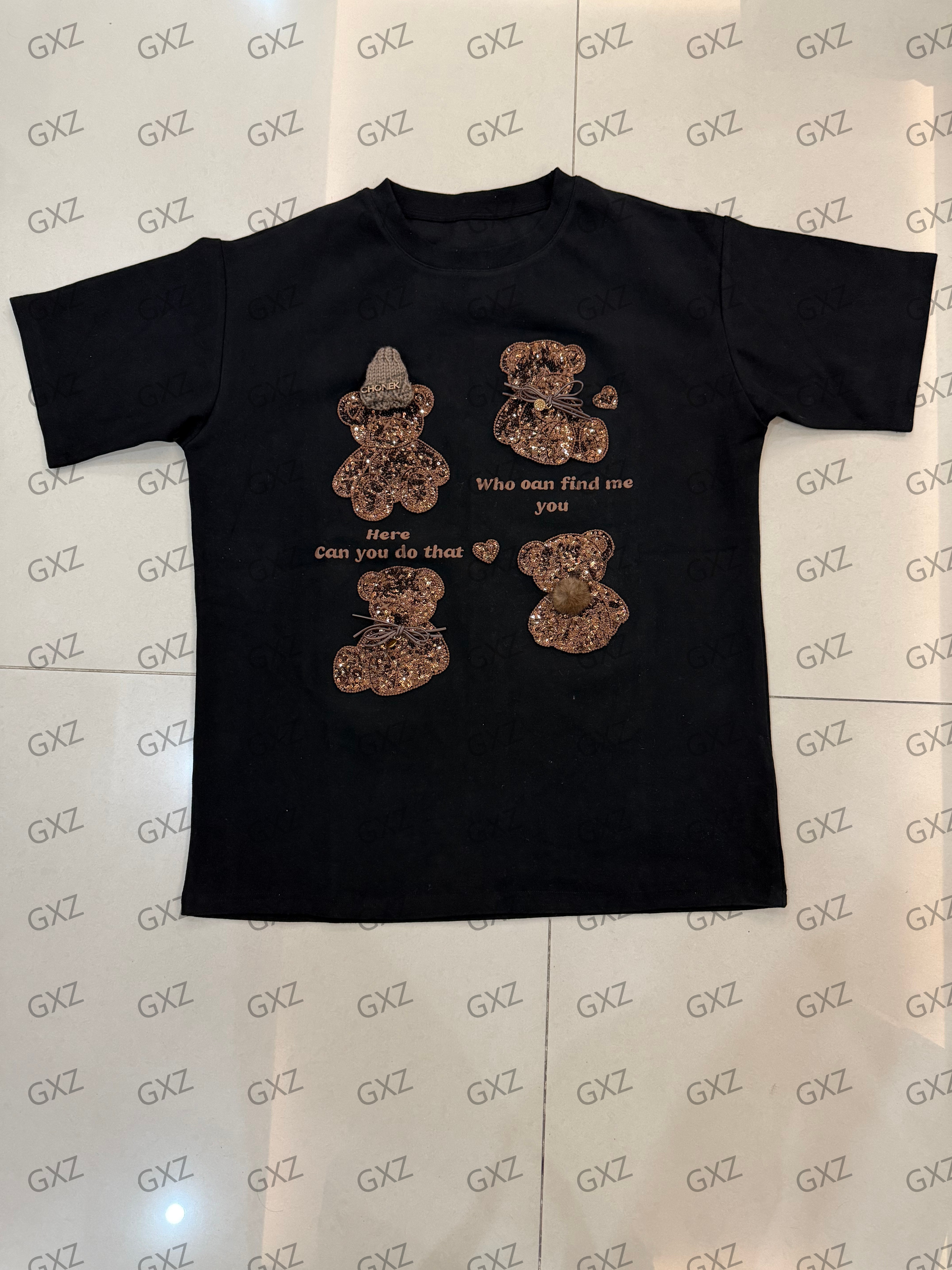 GXZ Teddy Bear Embroidered Black T-Shirt | Custom Women's Graphic Tee