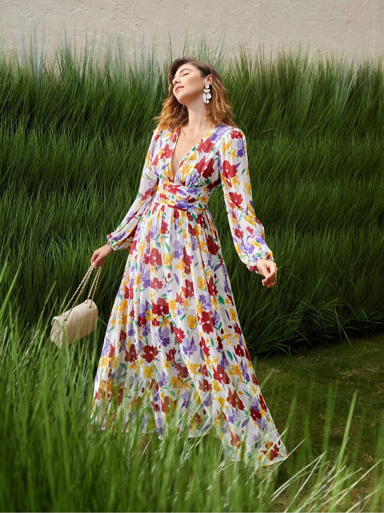 GXZ Women's Floral Maxi Dress with V-Neck | Flowing Elegant Design