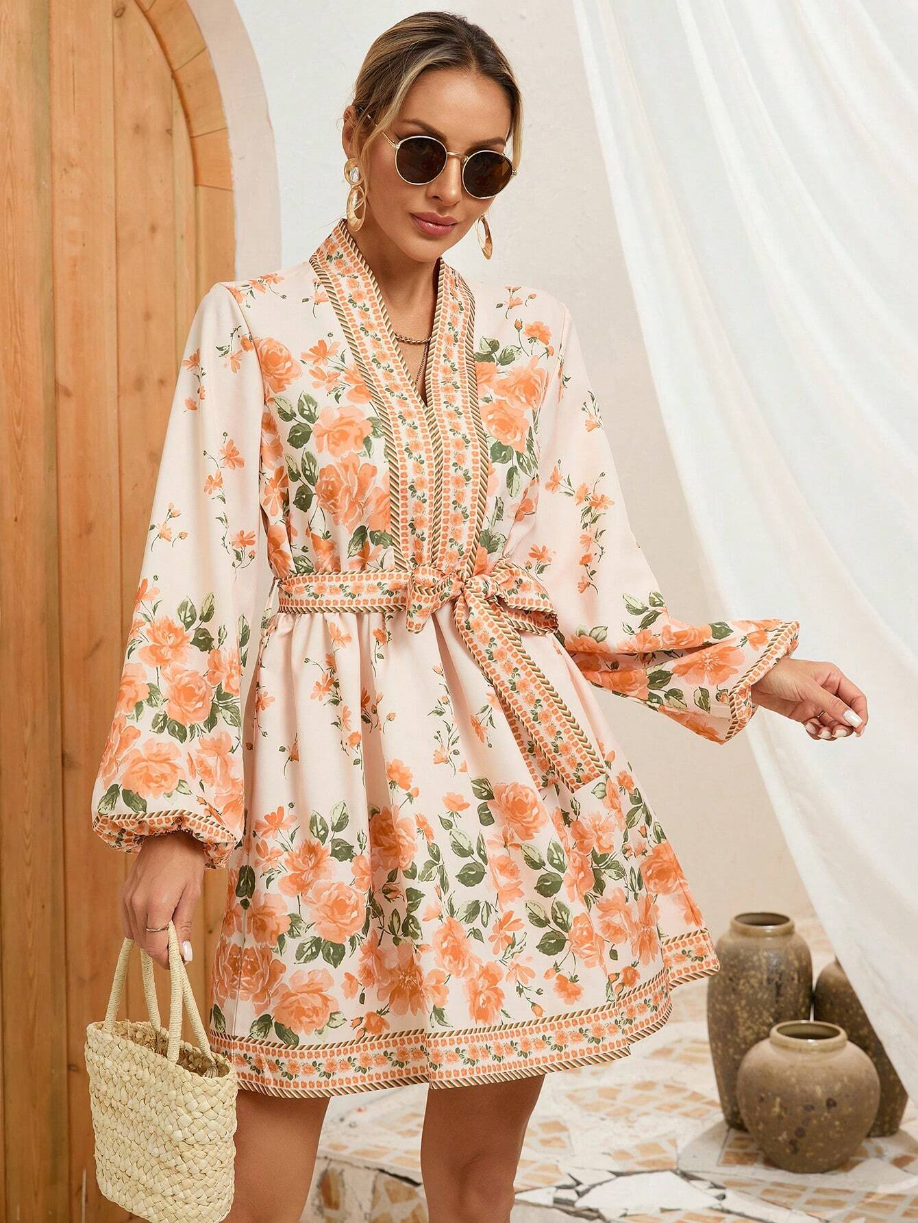 GXZ Women's Floral Boho Mini Dress | Long Sleeve Casual Chic