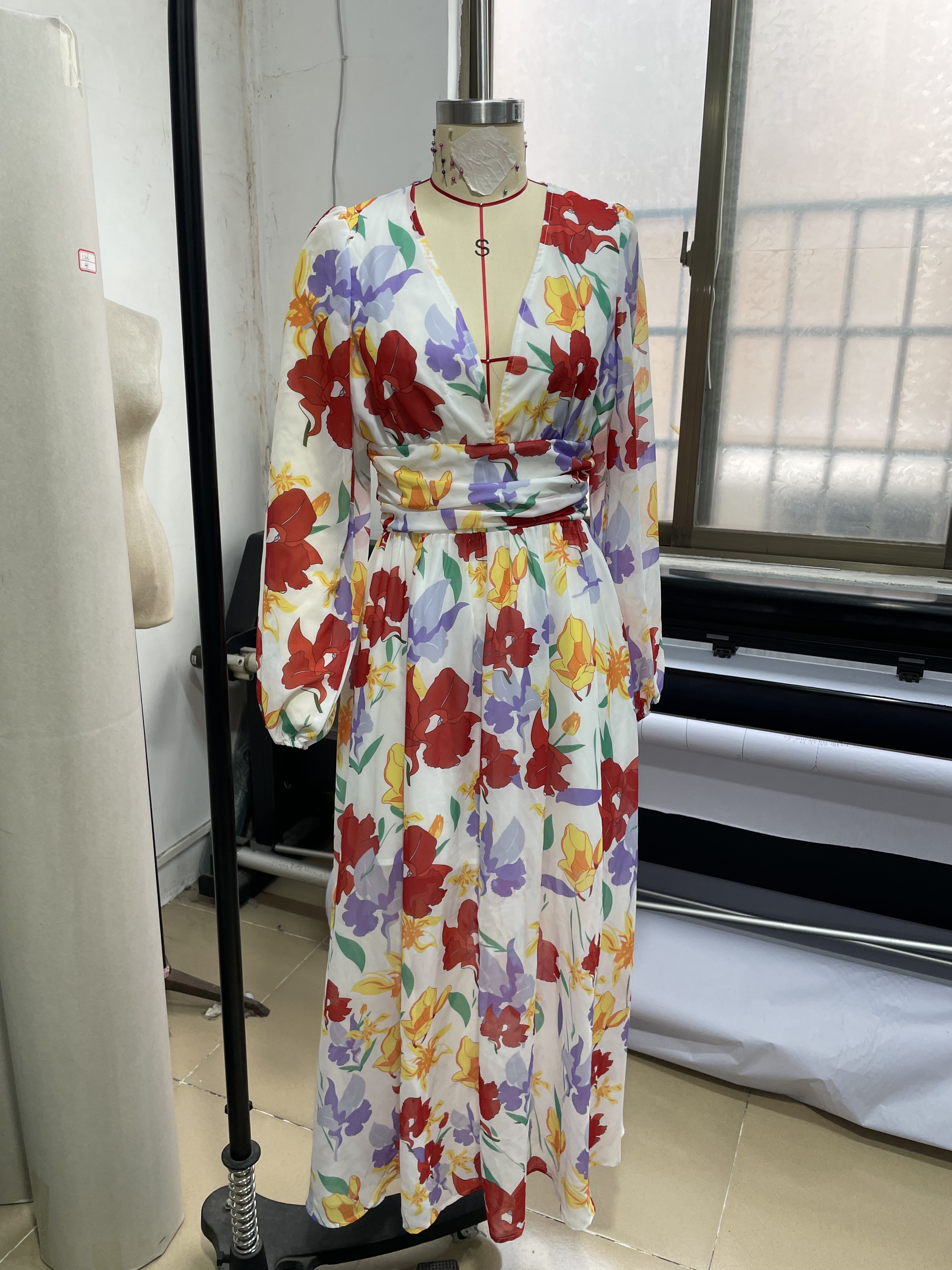 GXZ Women's Floral Maxi Dress with V-Neck | Flowing Elegant Design