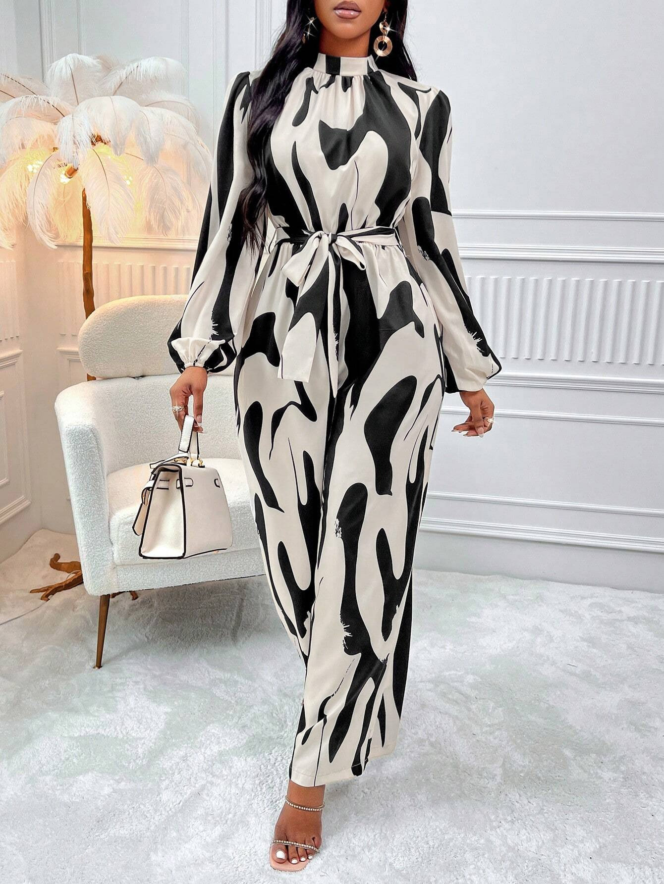 GXZ Women's Abstract Print High-Neck Jumpsuit Elegant Wide-Leg Design