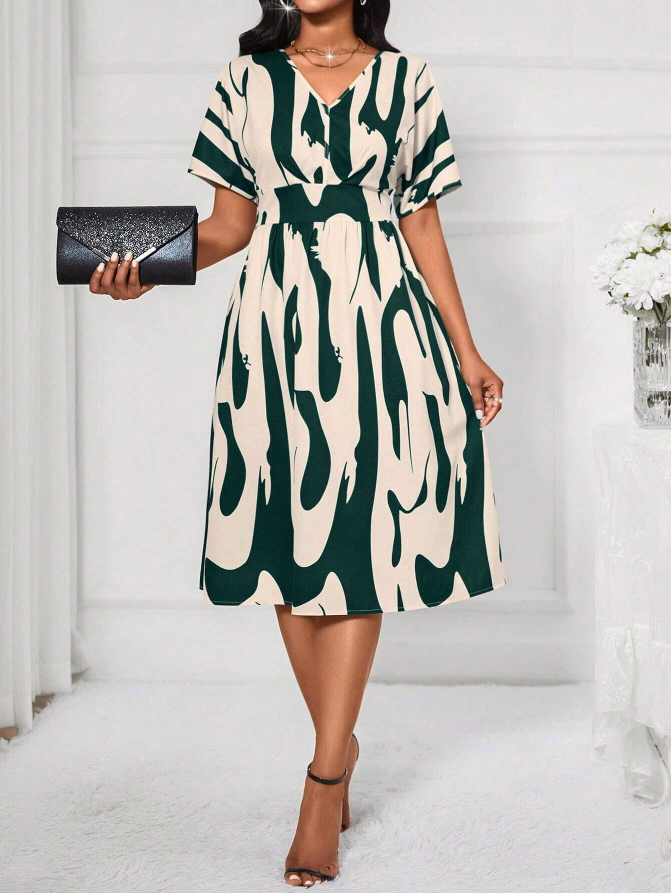GXZ Women's Abstract Pattern V-Neck Midi Dress | Elegant Casual Wear