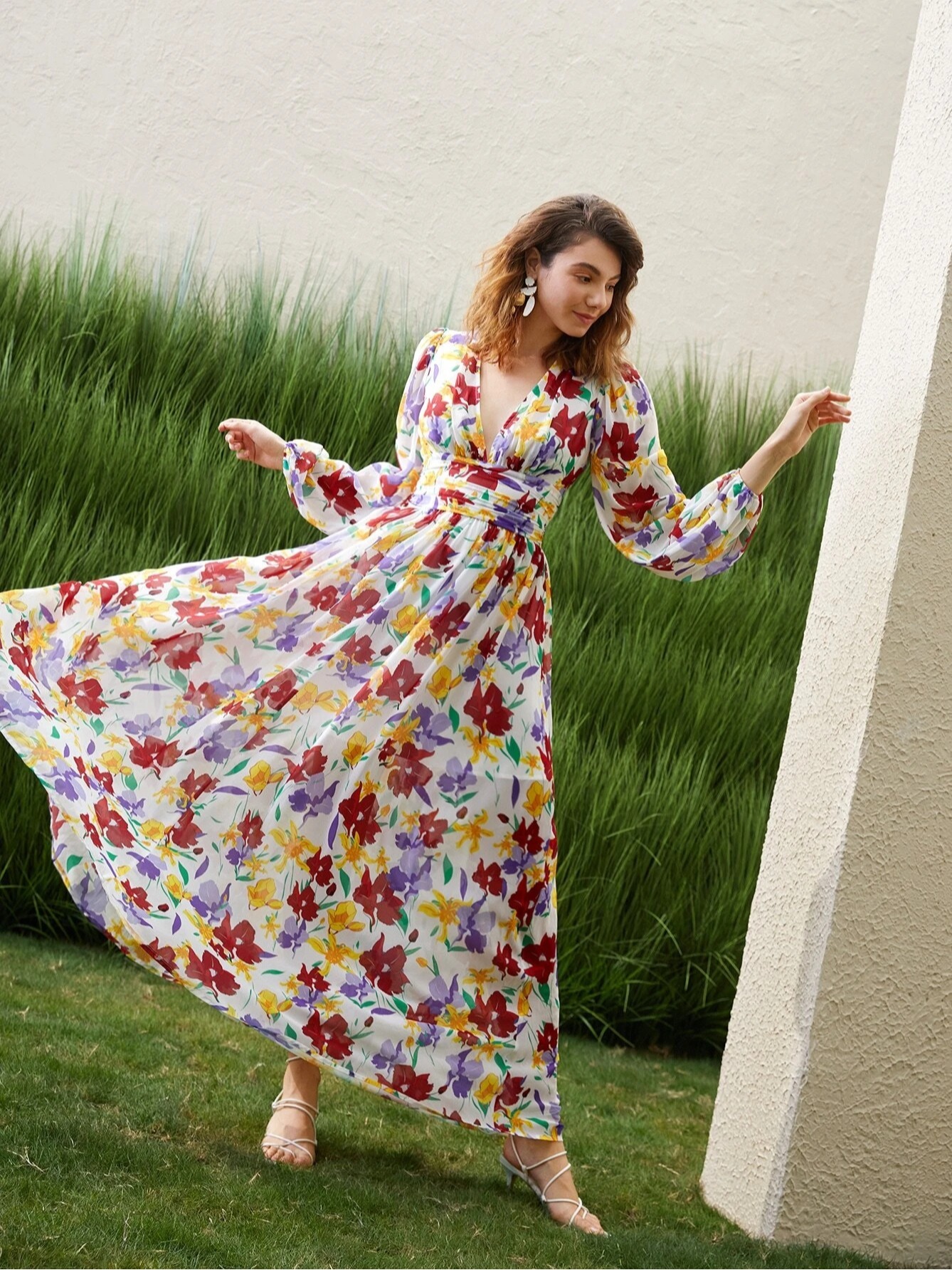GXZ Women's Floral Maxi Dress with V-Neck | Flowing Elegant Design