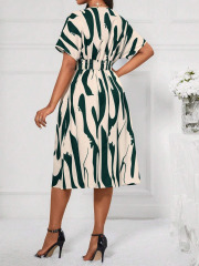 GXZ Women's Abstract Pattern V-Neck Midi Dress | Elegant Casual Wear