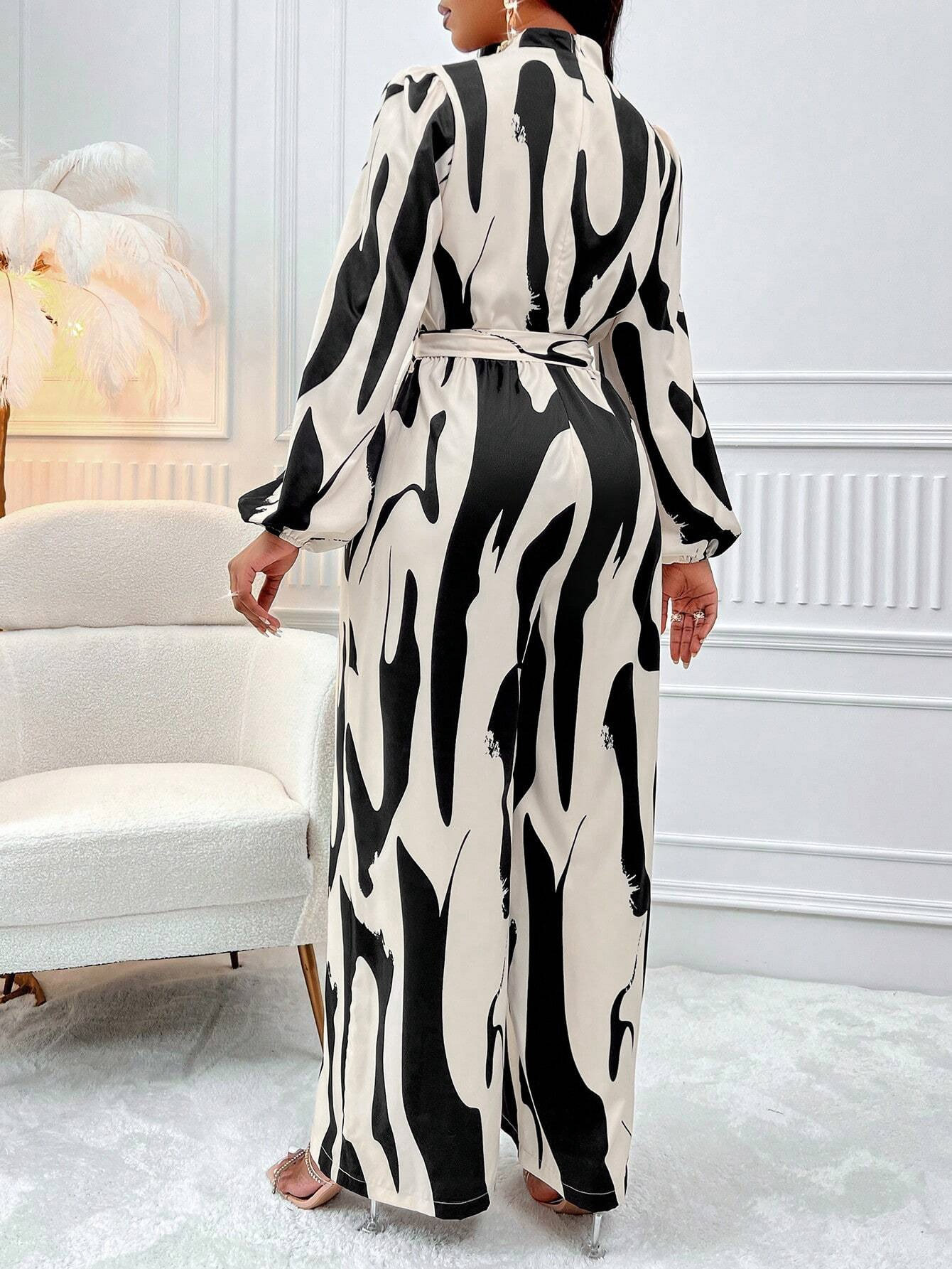 GXZ Women's Abstract Print High-Neck Jumpsuit Elegant Wide-Leg Design