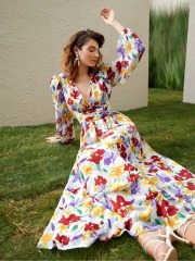 GXZ Women's Floral Maxi Dress with V-Neck | Flowing Elegant Design