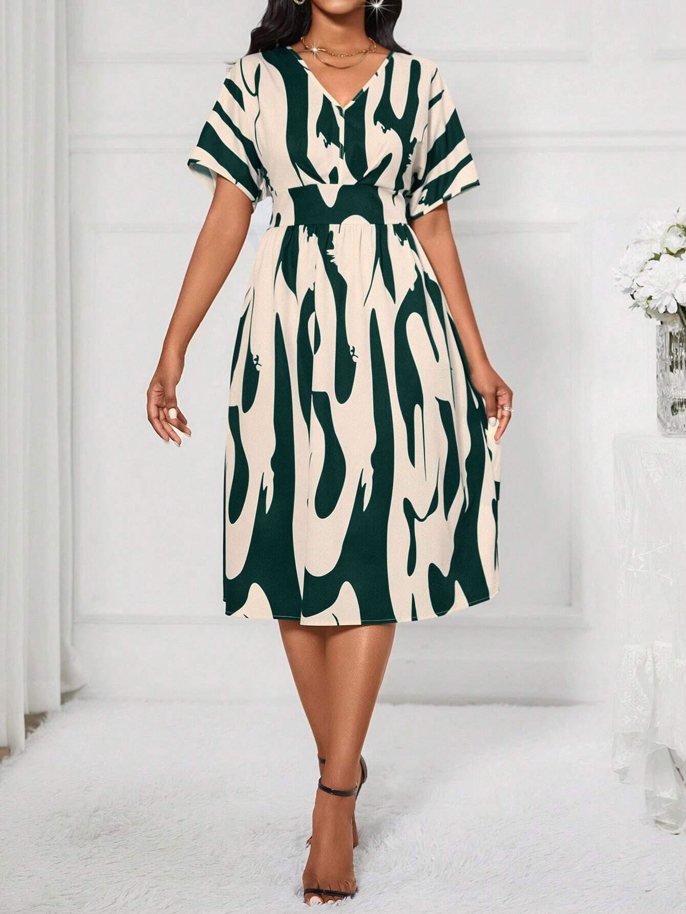 GXZ Women's Abstract Pattern V-Neck Midi Dress | Elegant Casual Wear