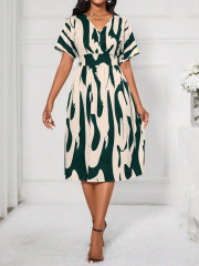 GXZ Women's Abstract Pattern V-Neck Midi Dress | Elegant Casual Wear