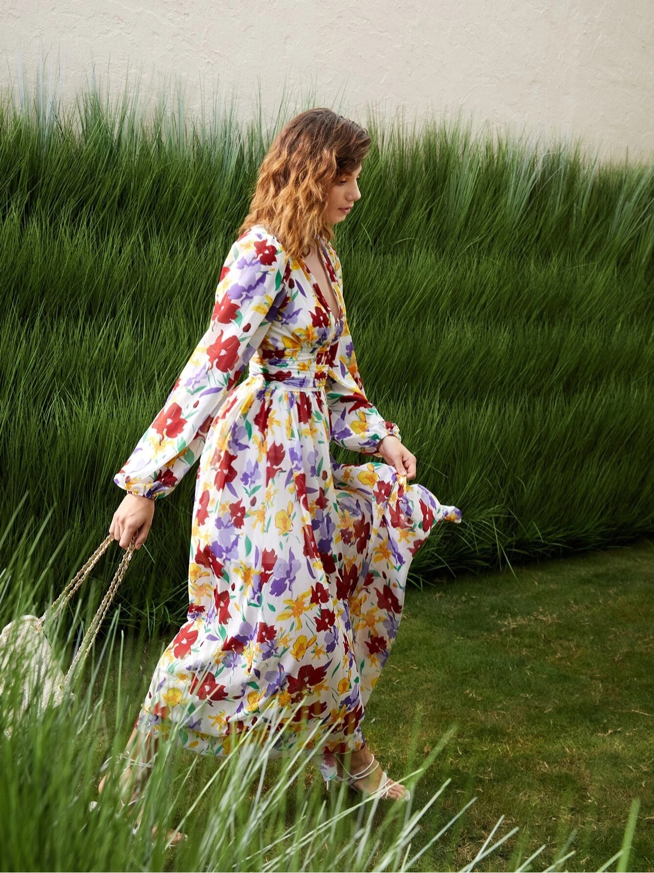 GXZ Women's Floral Maxi Dress with V-Neck | Flowing Elegant Design