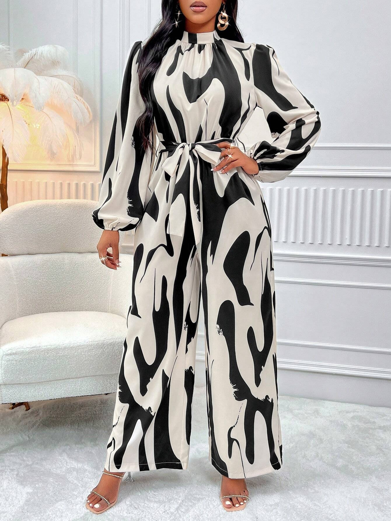 GXZ Women's Abstract Print High-Neck Jumpsuit Elegant Wide-Leg Design