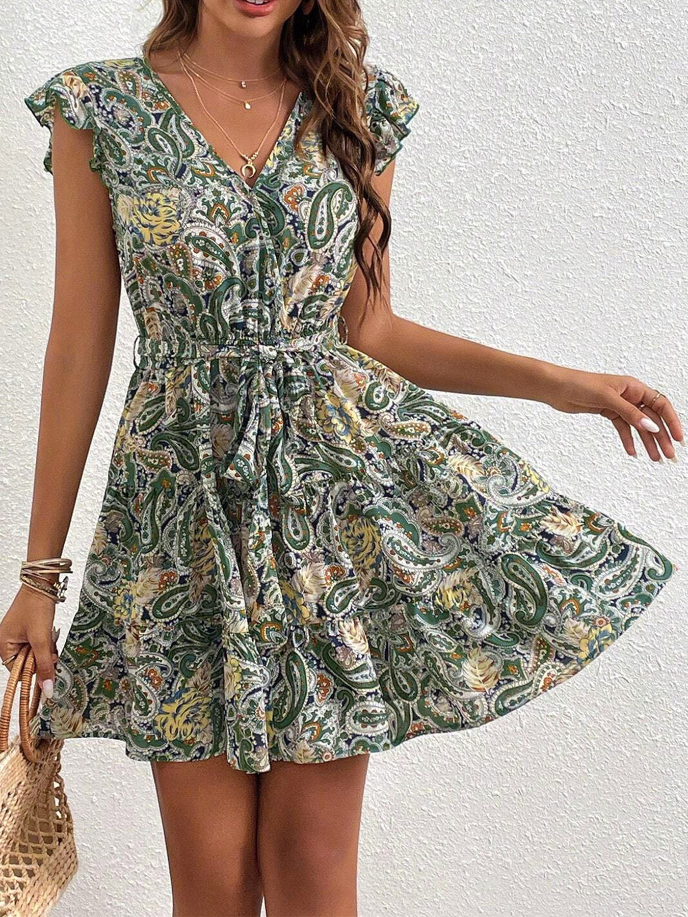 GXZ Women's Paisley Print Ruffled Mini Dress | Boho Chic Summer Dress