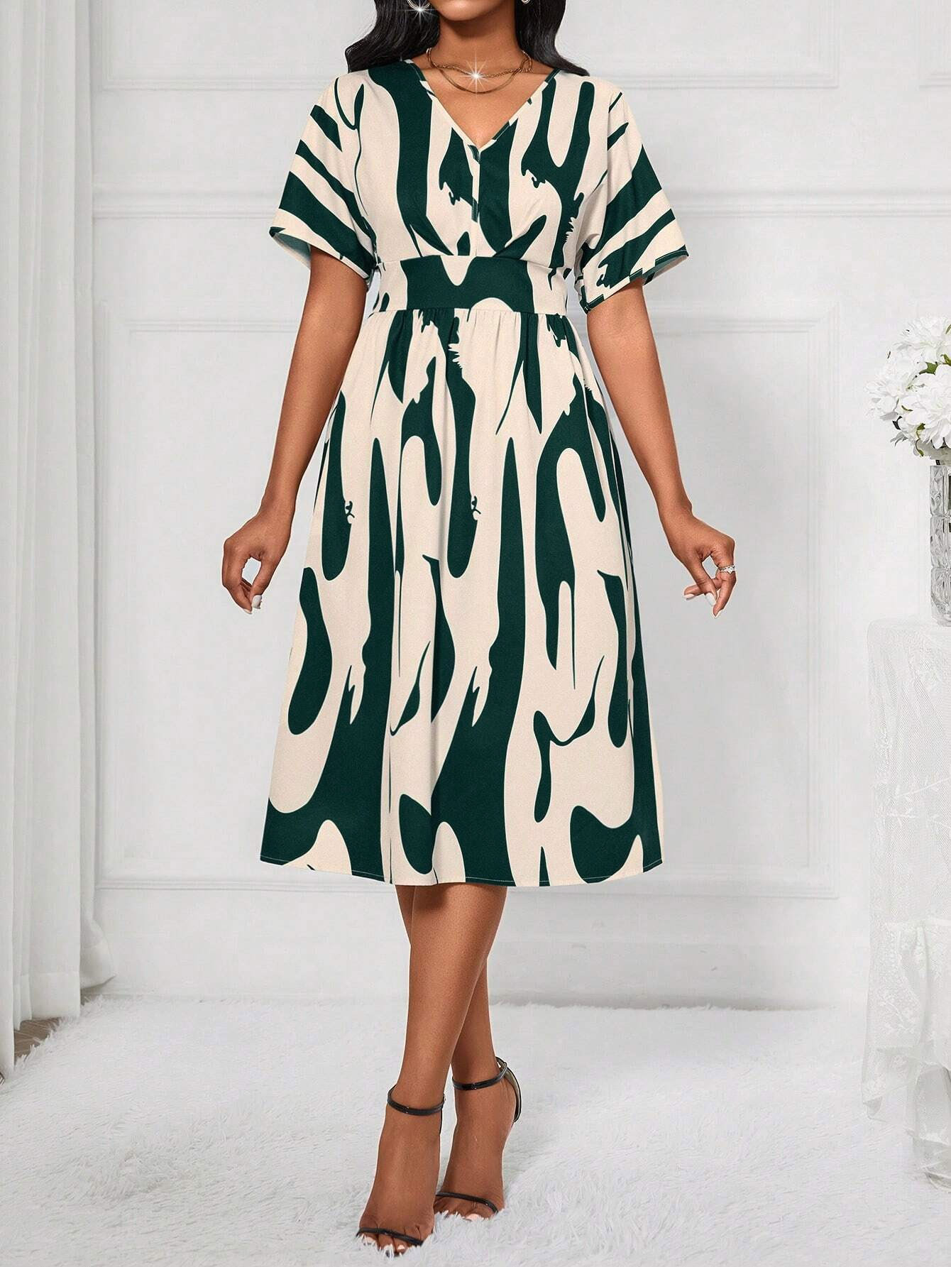 GXZ Women's Abstract Pattern V-Neck Midi Dress | Elegant Casual Wear