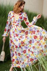 GXZ Women's Floral Maxi Dress with V-Neck | Flowing Elegant Design