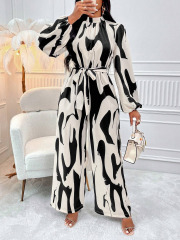 GXZ Women's Abstract Print High-Neck Jumpsuit Elegant Wide-Leg Design