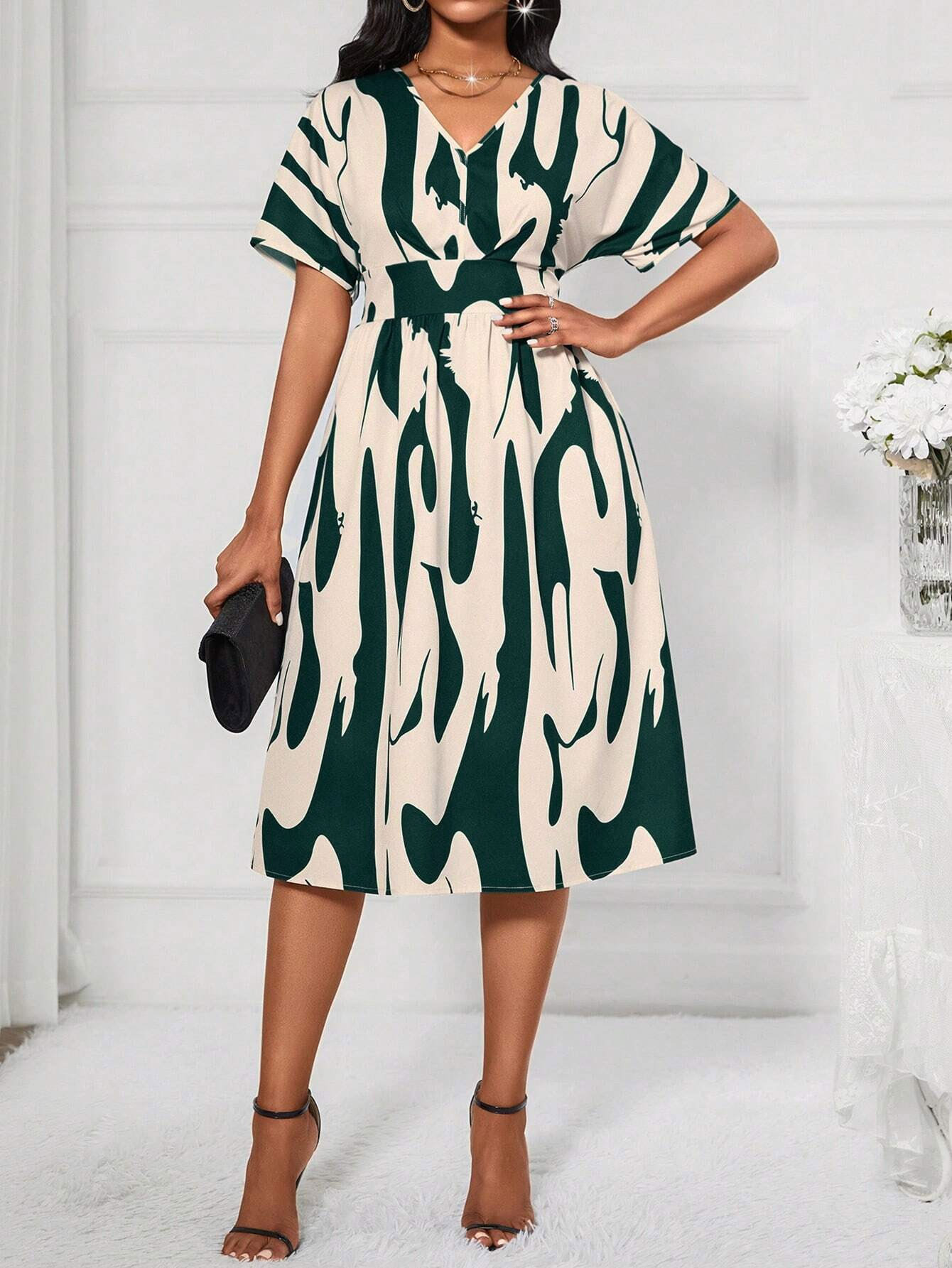 GXZ Women's Abstract Pattern V-Neck Midi Dress | Elegant Casual Wear