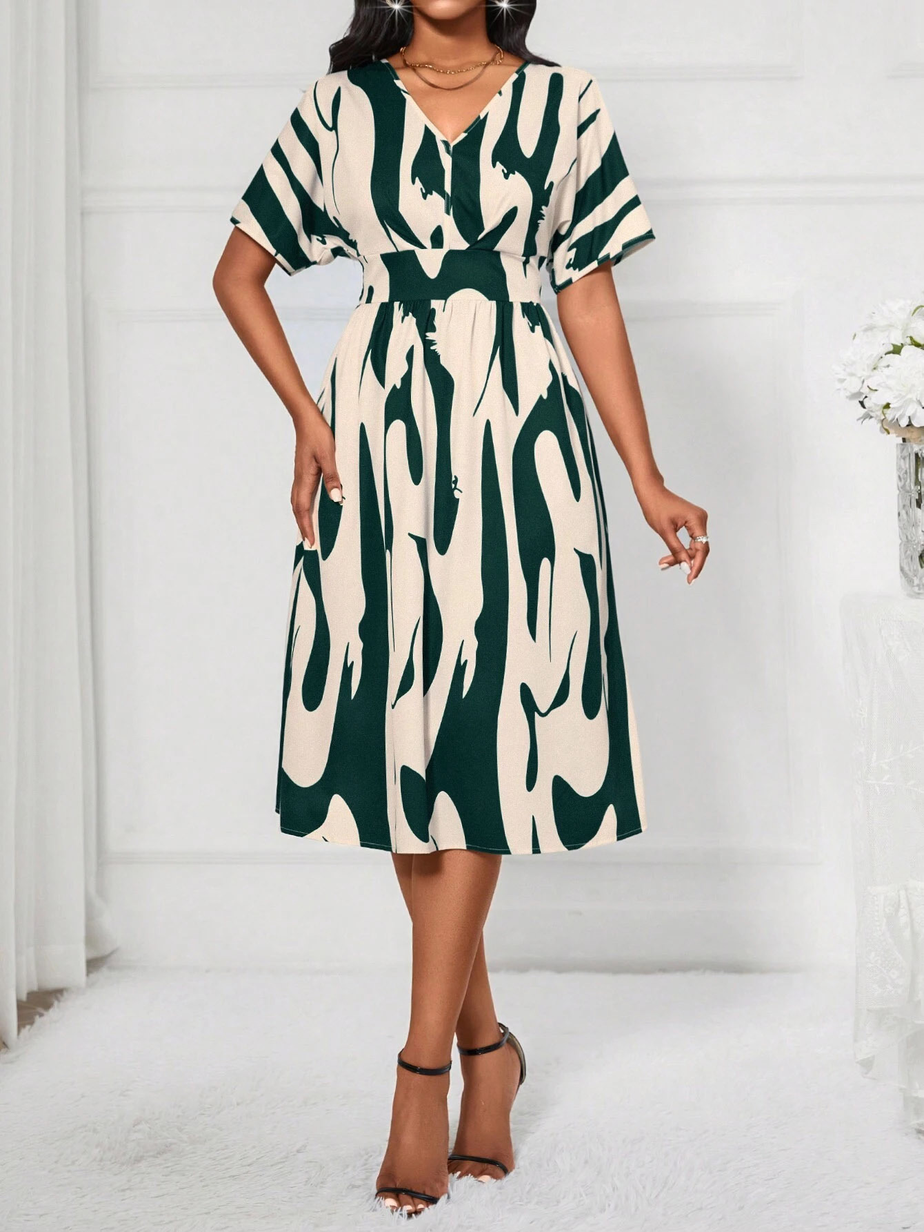 GXZ Women's Abstract Pattern V-Neck Midi Dress | Elegant Casual Wear