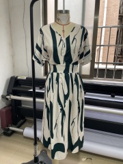 GXZ Women's Abstract Pattern V-Neck Midi Dress | Elegant Casual Wear