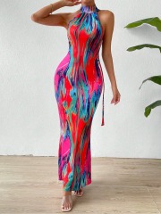 GXZ Women’s Abstract Halter Maxi Dress | Vibrant Summer Look
