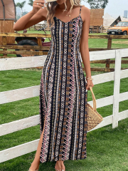 GXZ Women's Boho Print Maxi Dress | Adjustable Straps & Side Slit