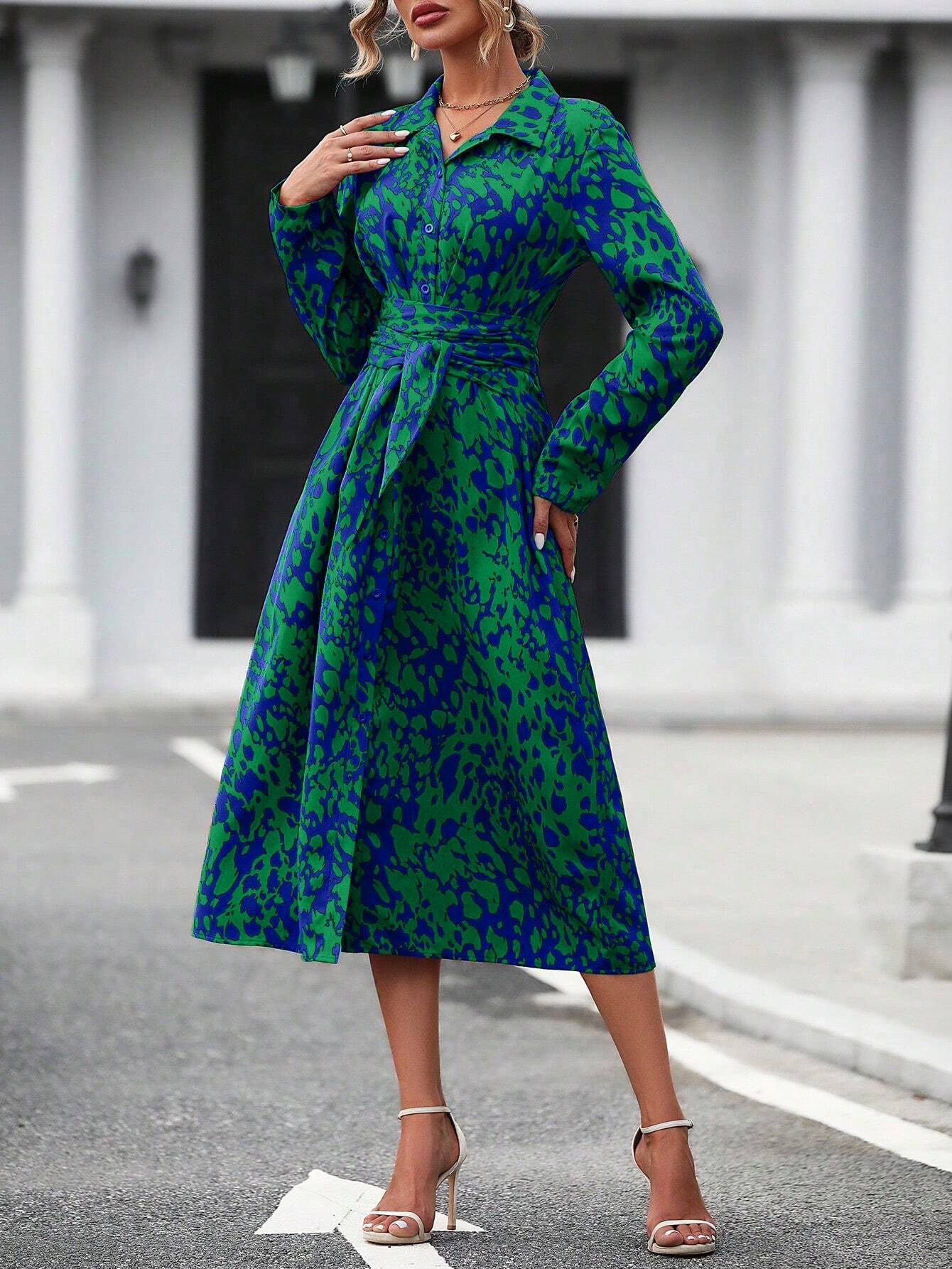 GXZ Women's Button-Down Belted Midi Dress | Leopard Print Elegance
