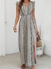 GXZ Women's Tribal Print Maxi Dress with Side Slit | Boho Chic