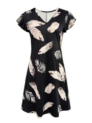 GXZ Black Tropical Leaf Mini Dress | Casual V-Neck Summer Dress