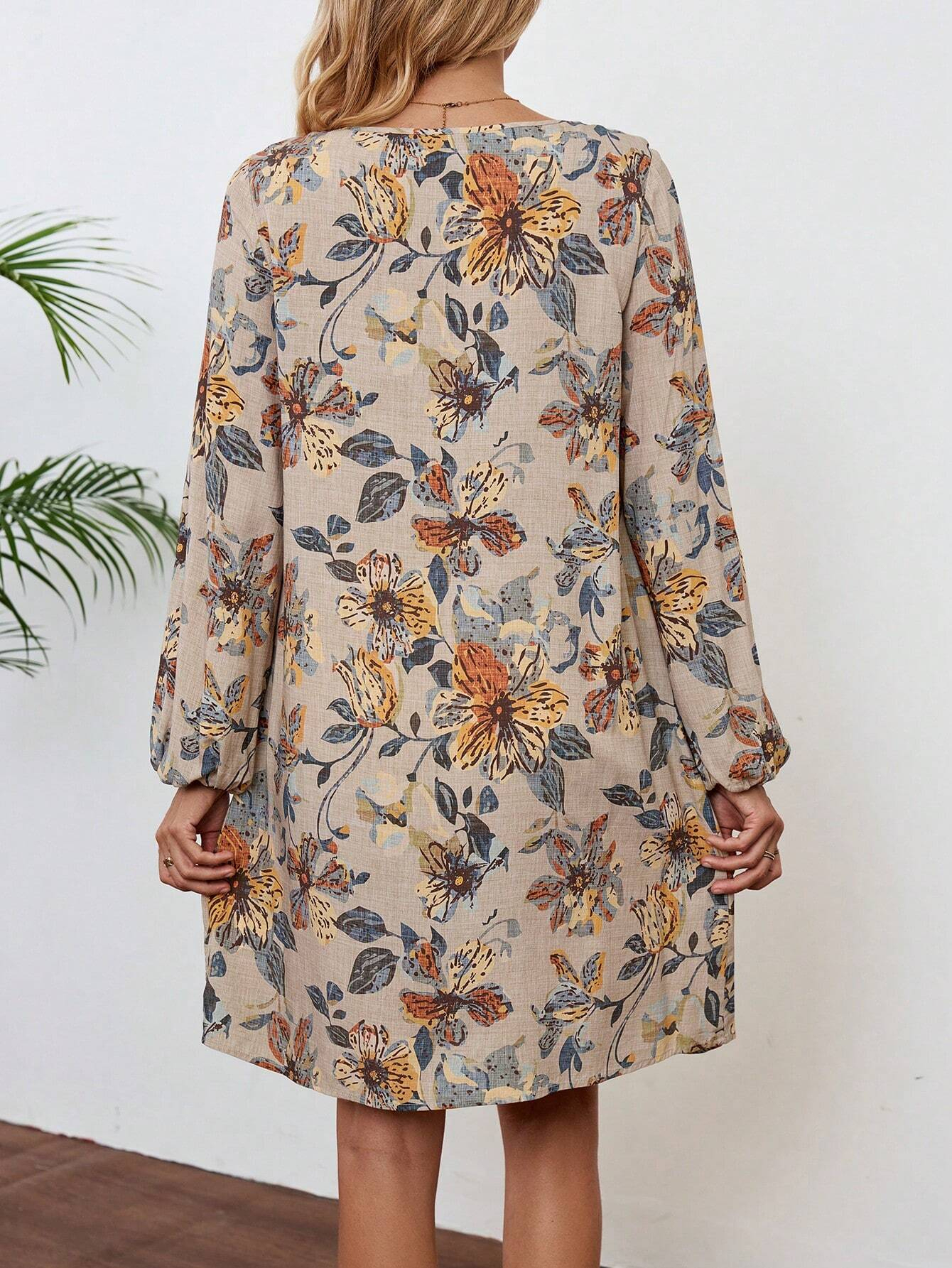 GXZ Women's Floral Print Long-Sleeve Shift Dress | Casual Elegance