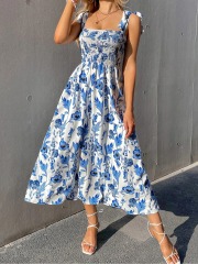 GXZ Women's Blue Floral Midi Dress | Summer Smocked Sundress
