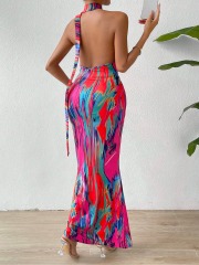 GXZ Women’s Abstract Halter Maxi Dress | Vibrant Summer Look