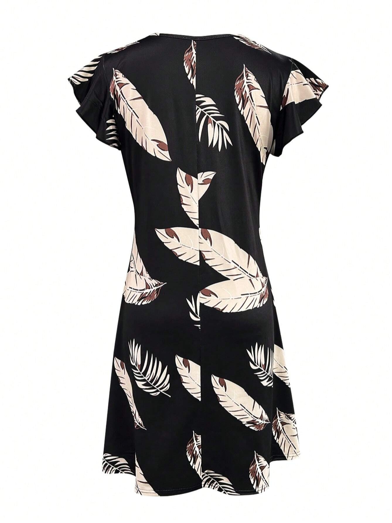 GXZ Black Tropical Leaf Mini Dress | Casual V-Neck Summer Dress