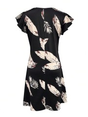 GXZ Black Tropical Leaf Mini Dress | Casual V-Neck Summer Dress