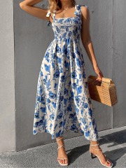 GXZ Women's Blue Floral Midi Dress | Summer Smocked Sundress