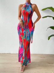 GXZ Women’s Abstract Halter Maxi Dress | Vibrant Summer Look