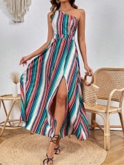 GXZ Women's One-Shoulder Striped Maxi Dress | Elegant Summer Look