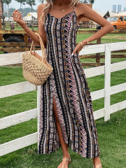 GXZ Women's Boho Print Maxi Dress | Adjustable Straps & Side Slit