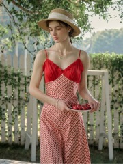 GXZ Vintage Red and White Maxi Dress | Spaghetti Strap Retro Sundress