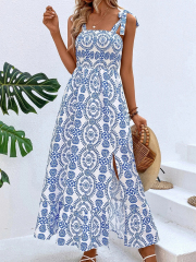 GXZ Women's Blue Floral Maxi Dress | Sleeveless Summer Style
