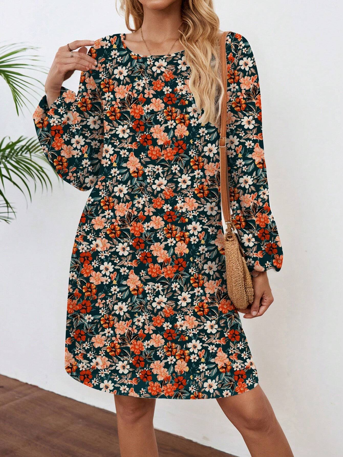 GXZ Women's Floral Print Long-Sleeve Shift Dress | Casual Elegance
