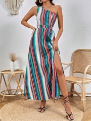 GXZ Women's One-Shoulder Striped Maxi Dress | Elegant Summer Look
