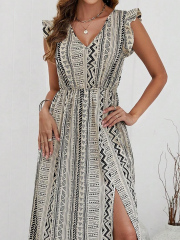 GXZ Women's Tribal Print Maxi Dress with Side Slit | Boho Chic