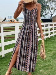 GXZ Women's Boho Print Maxi Dress | Adjustable Straps & Side Slit